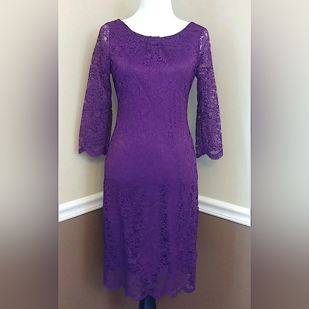 Purple Lace Dress 3/4 Sleeves Knee-Length Modcloth Sheath by Yellow Star NEW